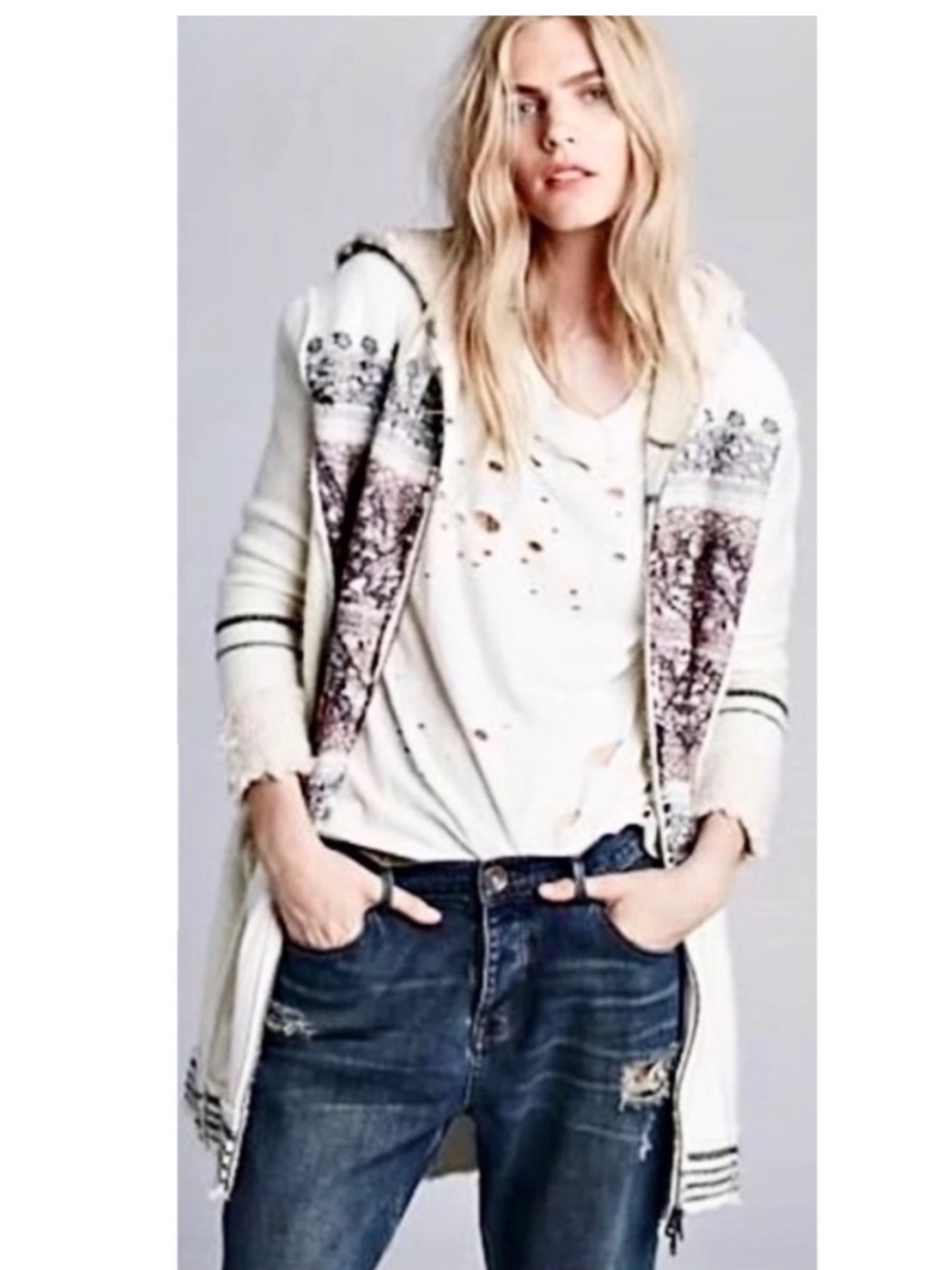 Free People Alpine Escape Ivory Comb Long Hooded Zip Up Sweater Jacket